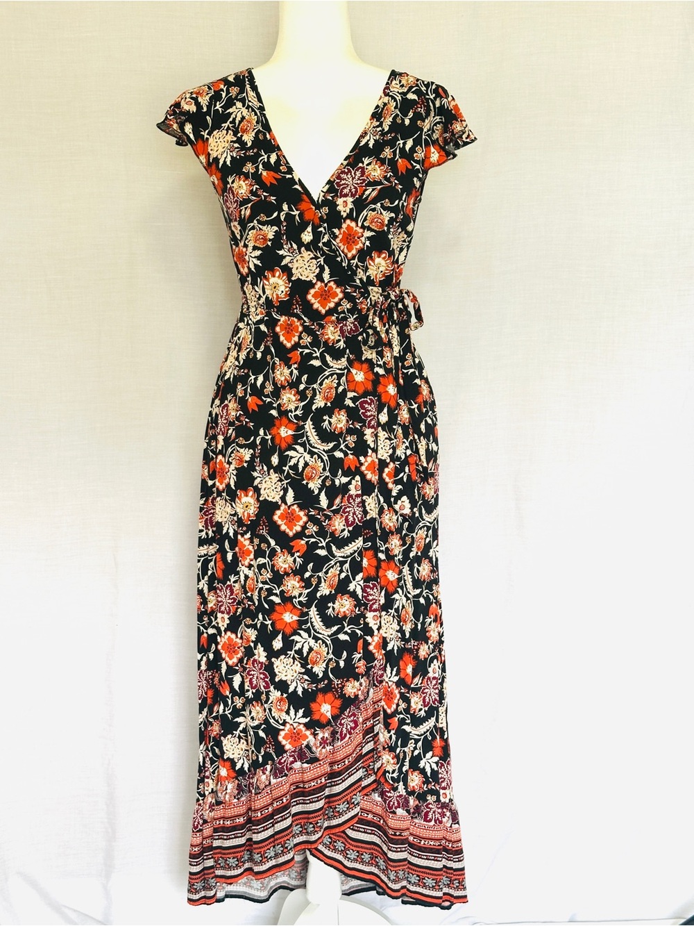 Band of Gypsies Black Floral Wrap Maxi Dress with Red and Cream Blooms